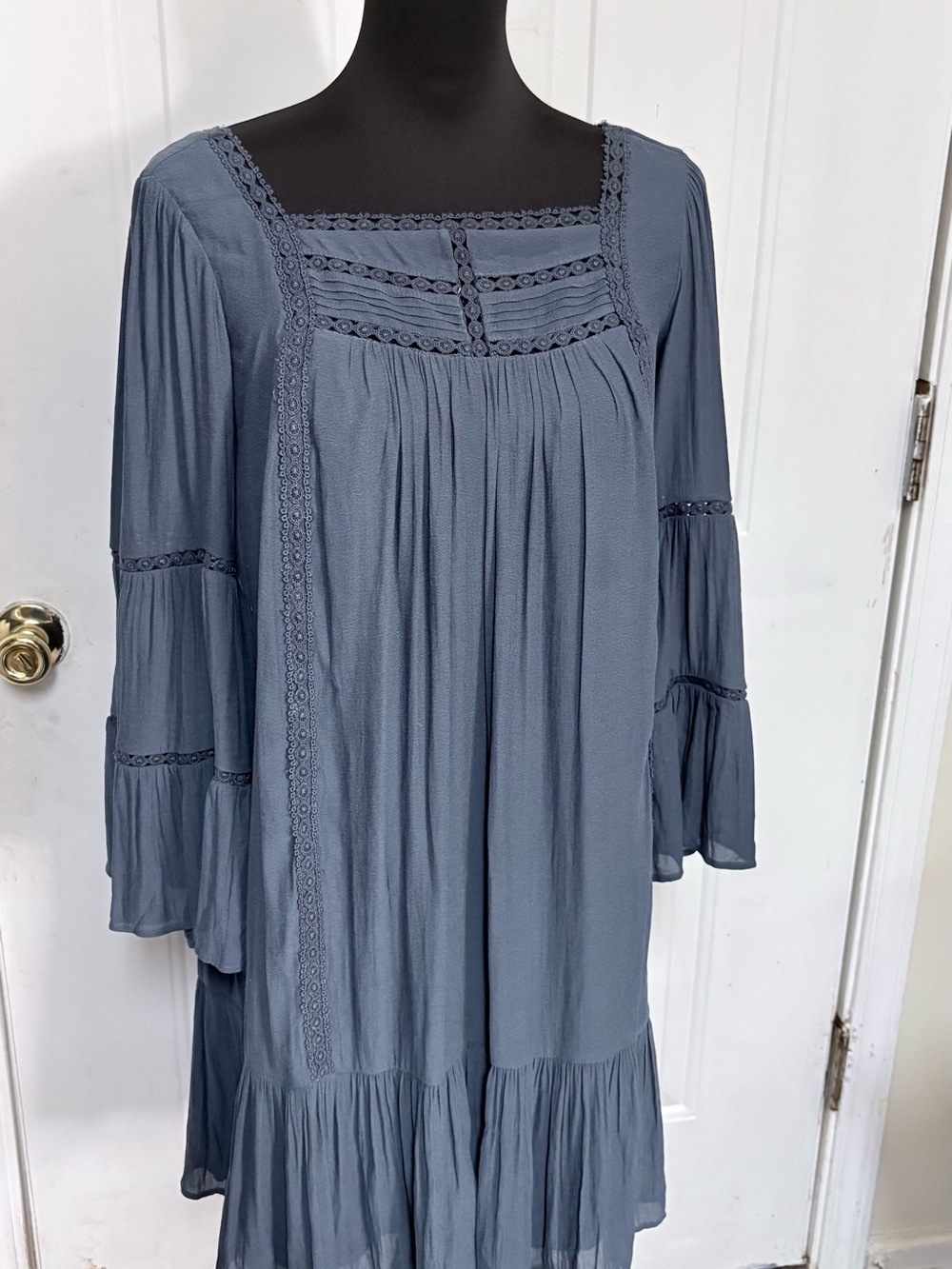 LOFT Slate Blue Boho Midi Dress with Lace Insets